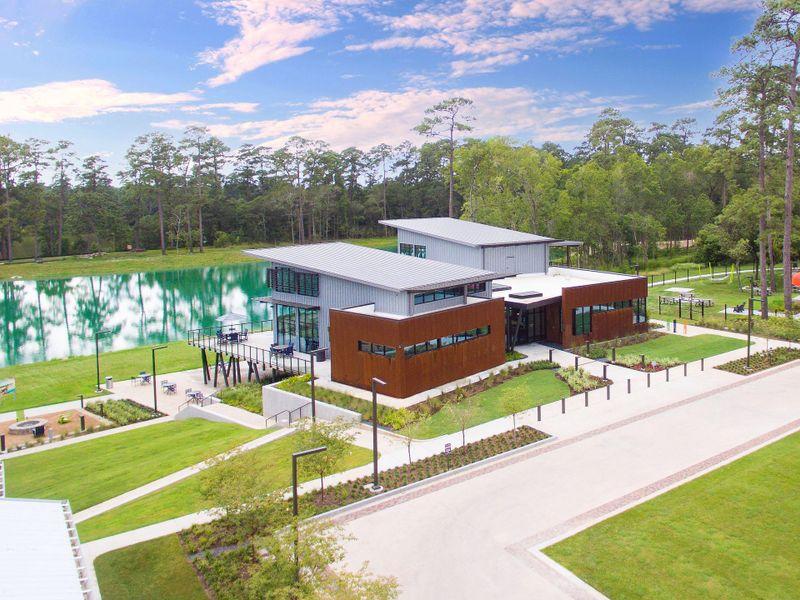 Community amenities and new homes in Mavera, a master-planned community in Conroe, Texas.