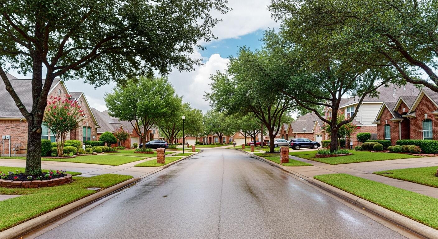 Neighborhood entrance and homes in Stewart's Forest, Conroe, Texas.
