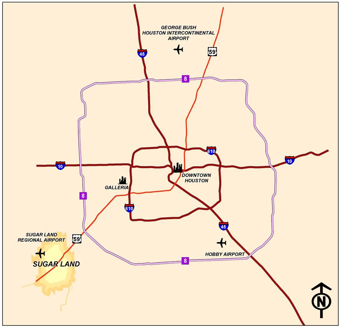 Map showing Sugar Land TX southwest of Houston and major Houston highways