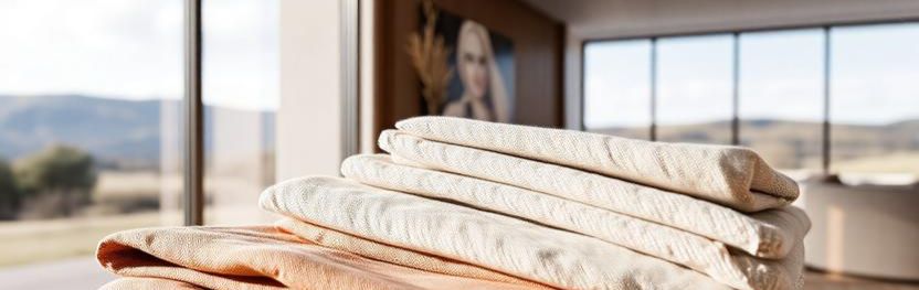Close-up detail of layered neutral textiles and curated décor on a console table in a staged Houston home.