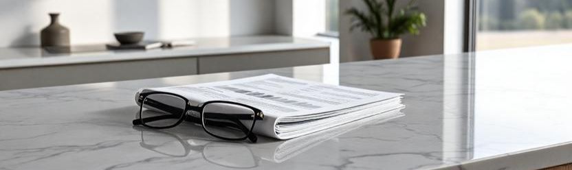 Flat-lay image of a quartz countertop with a market report, reading glasses, and soft natural window light.”