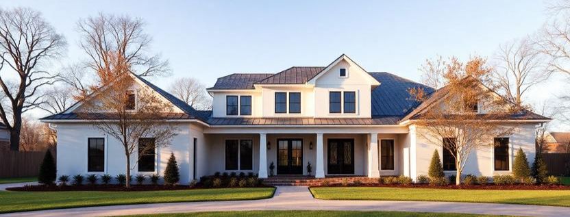 Wide-angle sunrise photo of a luxury Houston neighborhood with mature live oak trees, brick and stucco homes, and soft golden humidity glow across quiet residential streets.