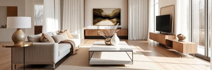 Wide-angle interior image of a freshly prepared Houston luxury living room with winter morning light, pale oak flooring, linen sofa, and quartz coffee table.”