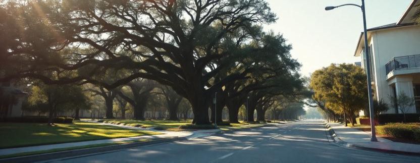 Wide horizontal shot of a Houston street lined with century-old live oaks and soft filtered sunlight over sidewalks.