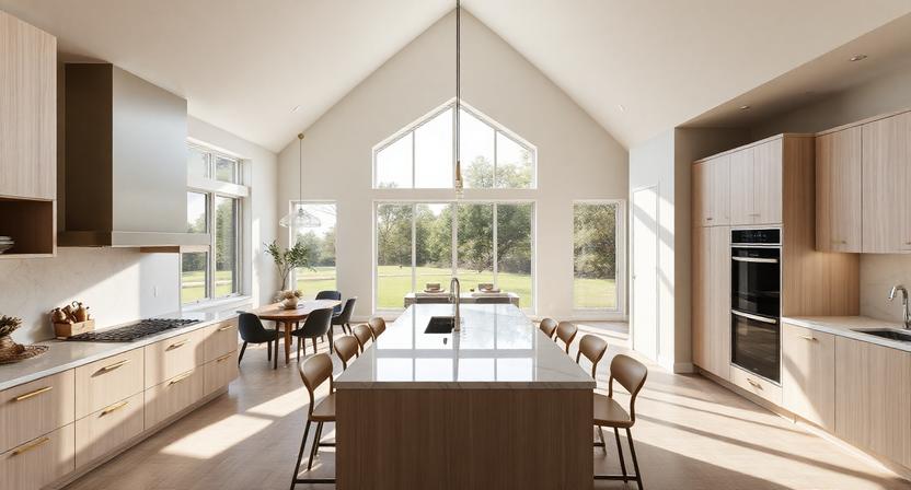Wide-angle interior view of a renovated Houston luxury kitchen and living space with marble island, white oak cabinetry, and soft natural morning light.