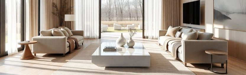 Wide-angle interior shot showing open-plan kitchen and living space with white oak cabinetry and winter natural light.