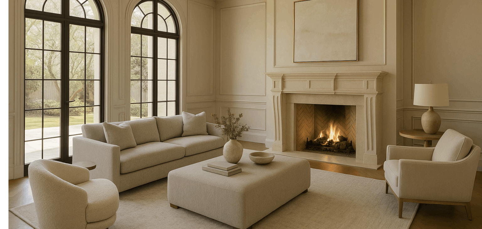 Stylized Houston home interior, warm staging, editorial style