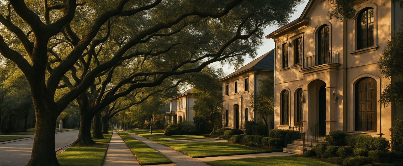 Twilight exterior of a well-presented brick home in inner-loop Houston with warm window glow