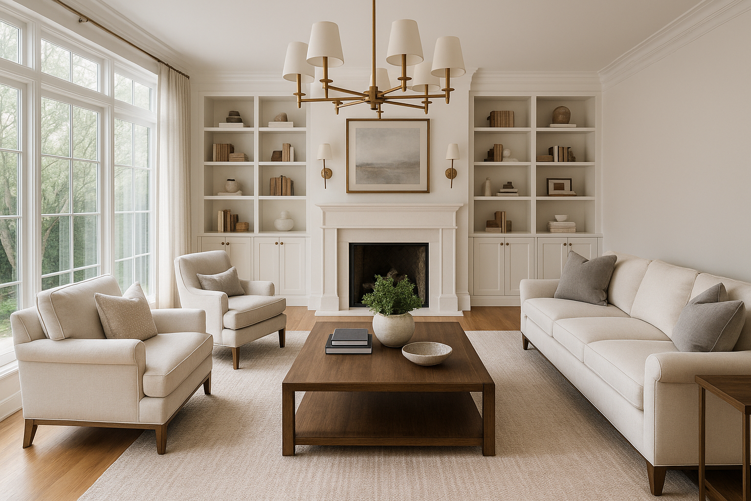 Ultra-realistic photo of a high-end Houston living room staged for resale. Modern-traditional furnishings, neutral palette with soft white walls, brushed gold lighting, and oak hardwood floors. Floor-to-ceiling windows with light filtering through sheer drapes. Built-in bookshelves and styled coffee table complete the space. DSLR-quality, balanced editorial lighting, centered frame, no people or personal clutter.
