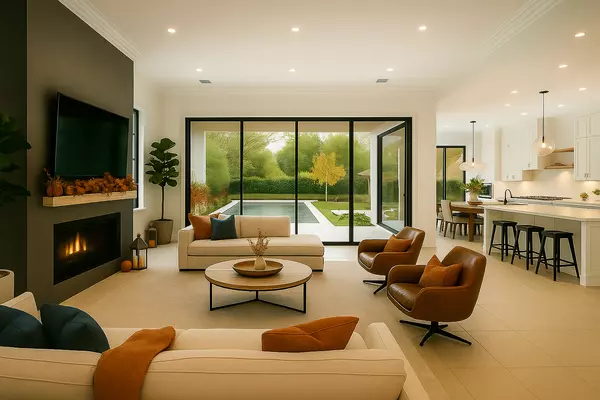 Contemporary open-concept living room and kitchen in a luxury Texas home, featuring floor-to-ceiling glass doors opening to a private backyard pool, modern fireplace, neutral furnishings, and stylish leather accent chairs