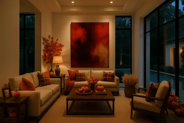 Modern luxury living room with minimalist furniture, large abstract wall art, and floor-to-ceiling glass walls overlooking a private pool and landscaped backyard in a contemporary Texas home at sunset