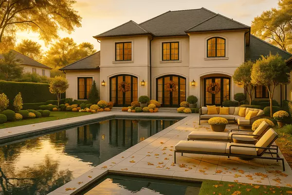 Elegant French-inspired luxury home in Texas with arched windows, manicured landscaping, and a private backyard oasis featuring a modern pool, sun loungers, and outdoor lounge seating at golden hour