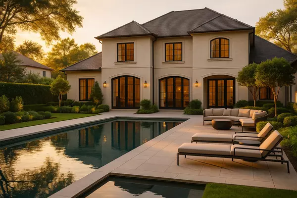 Luxury estate poolside at golden hour in Texas — showcasing premium home marketing appeal.