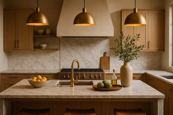 Elegant modern kitchen with marble countertops and pendant lighting, representing upscale home staging for Texas sellers.