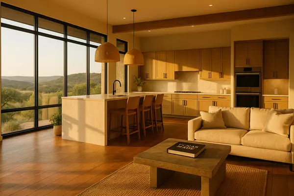 Luxury open-concept kitchen and living area with floor-to-ceiling windows overlooking Texas Hill Country, featuring wood cabinetry, woven pendant lights, and natural stone finishes — representing ease and elegance in downsizing.