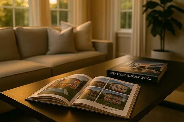 Open buyer's guide displayed on a modern coffee table in a soft-lit luxury living room, with elegant neutral decor and natural sunlight filtering through the windows — designed to showcase Texas luxury real estate insights.