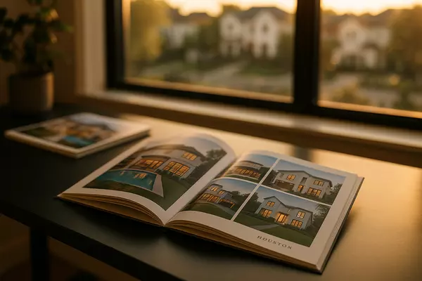 Open luxury real estate guide on wooden desk near window, showcasing high-end Texas homes in a printed brochure.