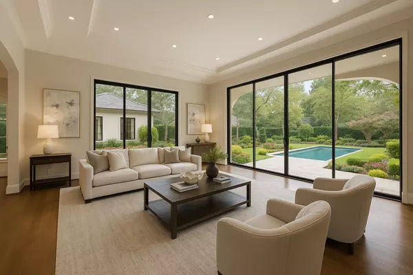 Bright and airy luxury living room with floor-to-ceiling glass doors opening to a poolside view, styled in neutral tones with clean, elegant staging — ideal visual for pre-listing preparation in high-end homes.
