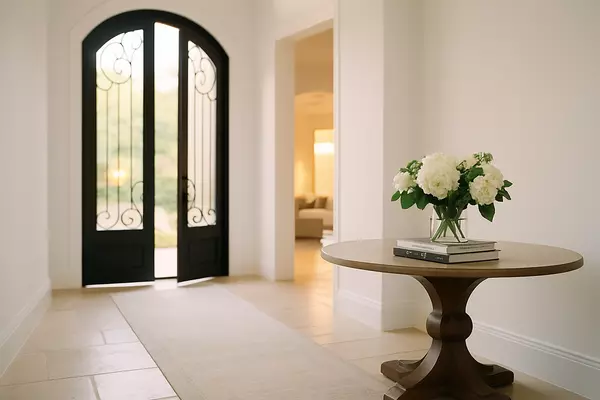 Sunlit luxury foyer with double iron doors, high ceilings, and designer accents — symbolizing a first step into upscale homeownership.