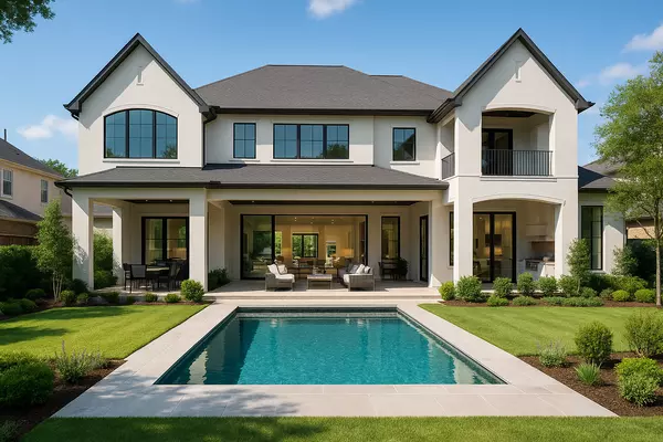 Luxury two-story modern Texas home with large windows and covered patio overlooking a private backyard pool, surrounded by manicured landscaping and clear blue sky