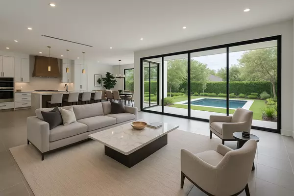 Open-concept living space in a luxury Bellaire home featuring a modern kitchen with wood-accent range hood, oversized island, and floor-to-ceiling glass doors overlooking a private backyard pool and lush landscaping