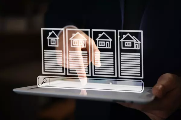 Digital real estate market insights with homes and property search icons – Joliet, Naperville, Plainfield housing trends
