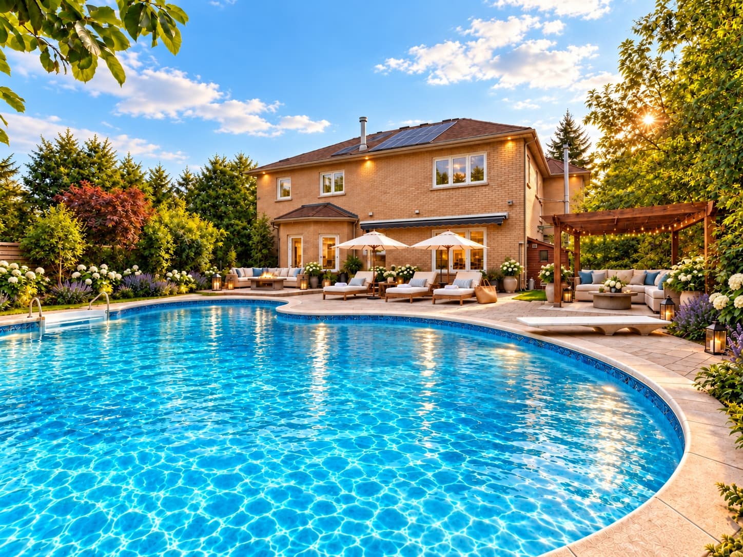 Landscaped residential backyard with an in-ground swimming pool, stone patio and outdoor lounge seating