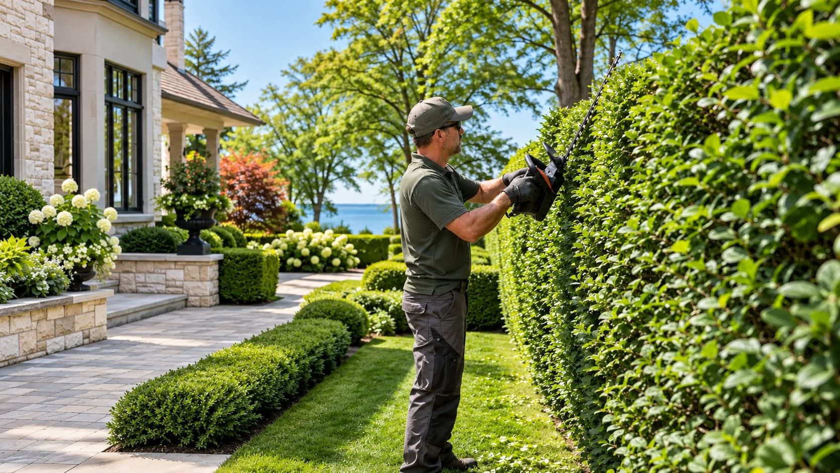 Luxury brick home with manicured lawn, colourful ornamental trees, landscaped flower beds, three-car garage and interlocking driveway
