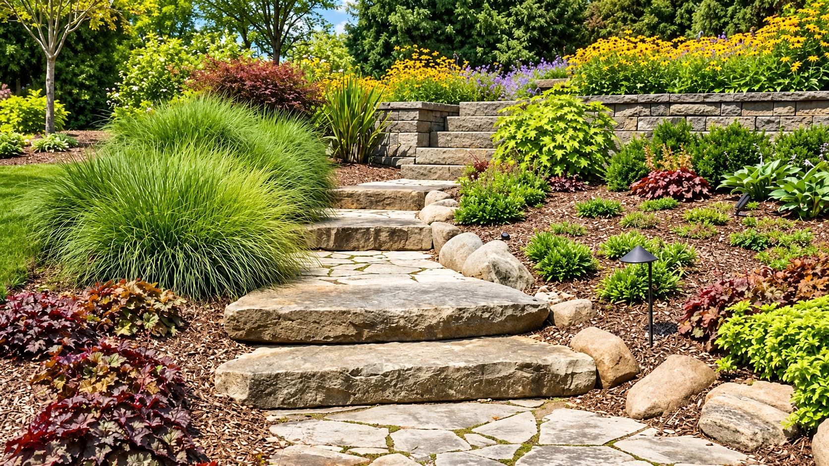 Sunlit natural stone garden steps and irregular flagstone pathway surrounded by ornamental grasses, yellow flowers, shrubs and stone retaining wall