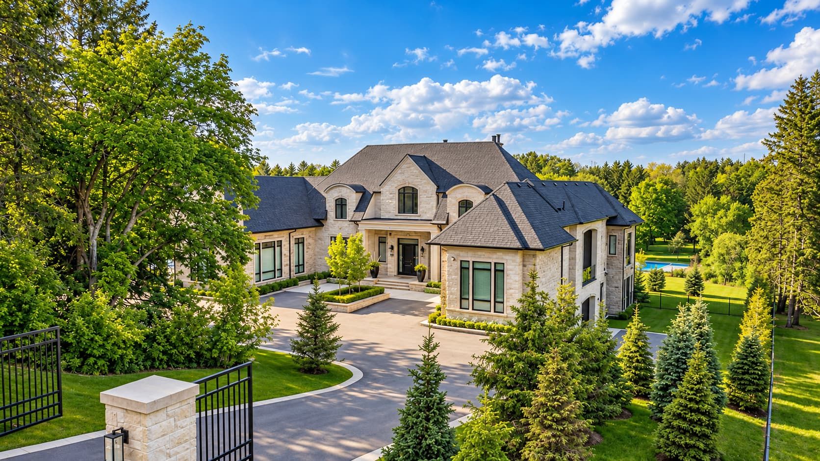 Gated luxury stone estate mansion with curved driveway, mature deciduous trees, evergreen landscaping and expansive green grounds