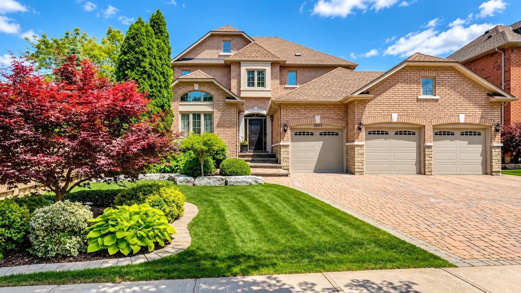 Professional landscaper using a hedge trimmer on tall green hedges beside a luxury stone residence with manicured gardens
