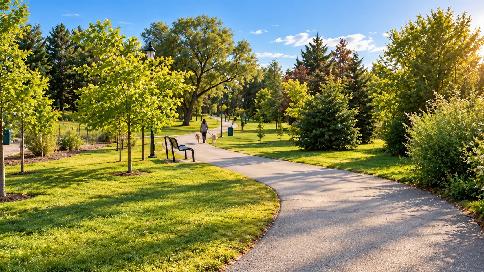 Winding paved park walking path with green lawns, trees and people walking dogs in the distance