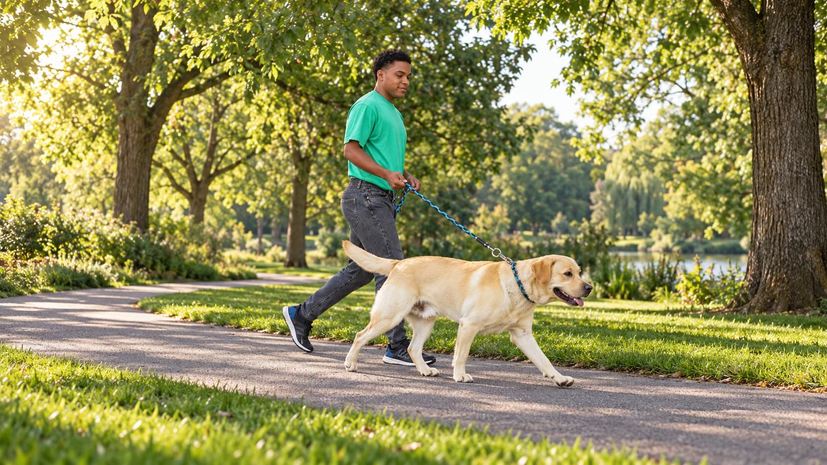 Dog walker accompanying a cream Labrador Retriever along a sunlit green park trail