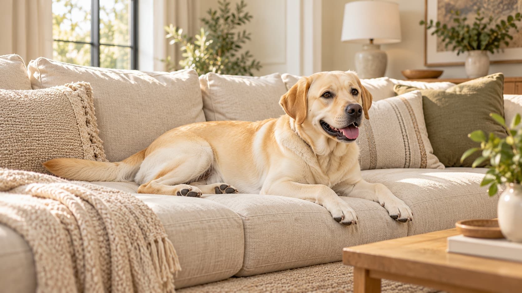 Cream Labrador Retriever resting comfortably on a beige sofa in a bright living room