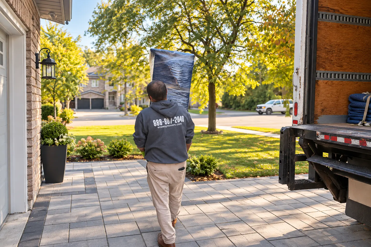 Mover carrying a large protective-wrapped household item along a residential driveway near a moving truck