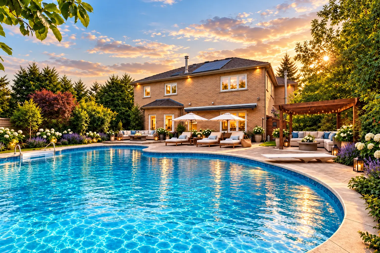 Two-storey brick house overlooking a curved outdoor swimming pool, patio seating and landscaped backyard