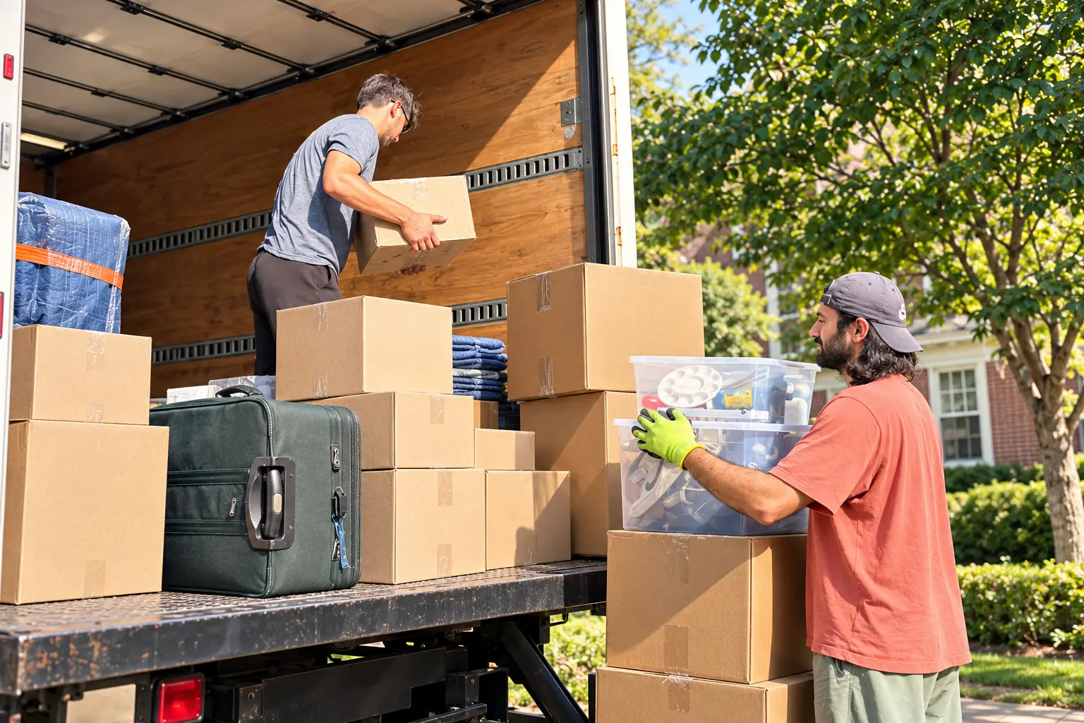 Two movers loading cardboard boxes, a suitcase and household belongings into the back of a moving truck