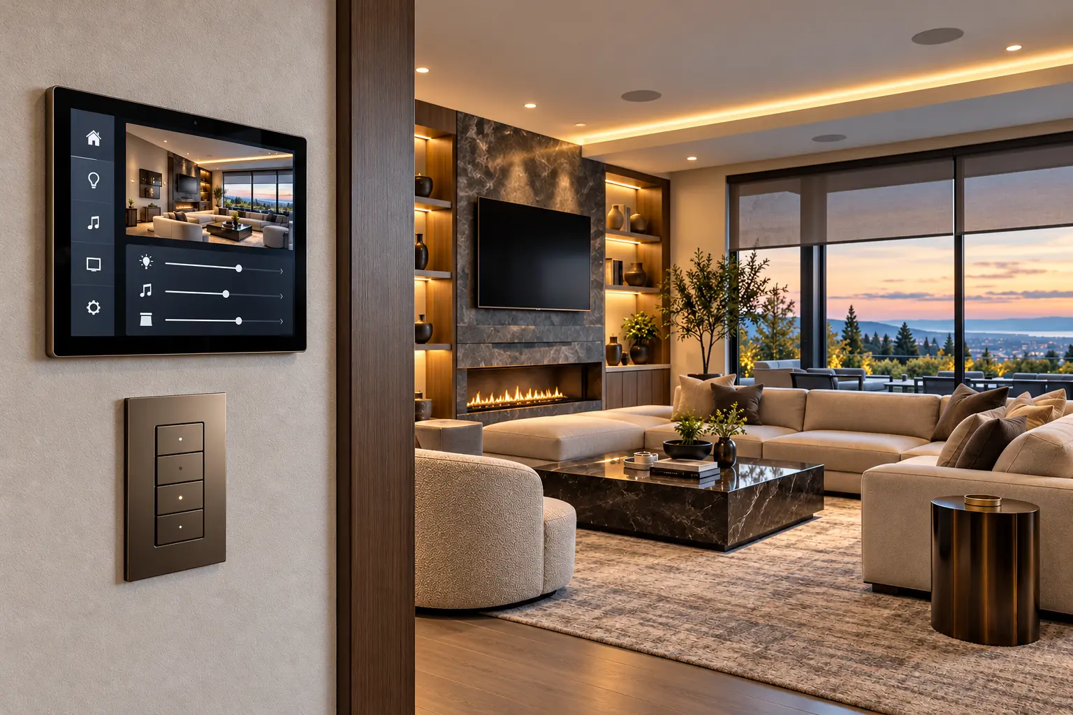 Wall-mounted smart-home touchscreen beside a modern living room with a fireplace and warm lighting