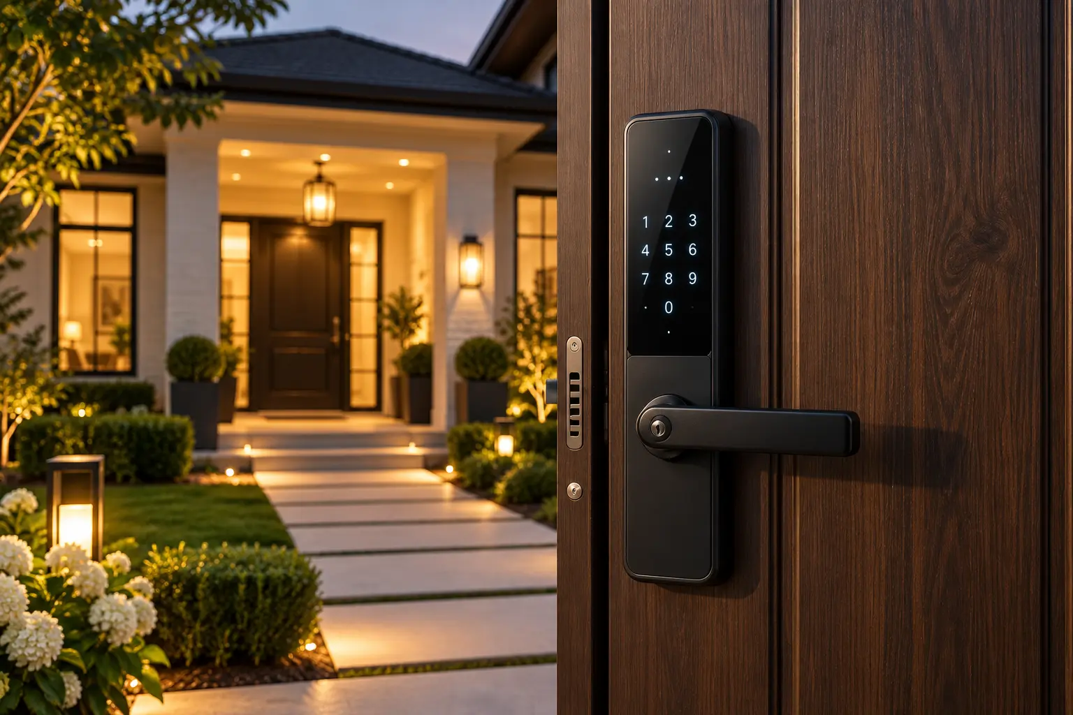 Property caretaker reviewing a tablet outside the stone entrance of a landscaped luxury residence