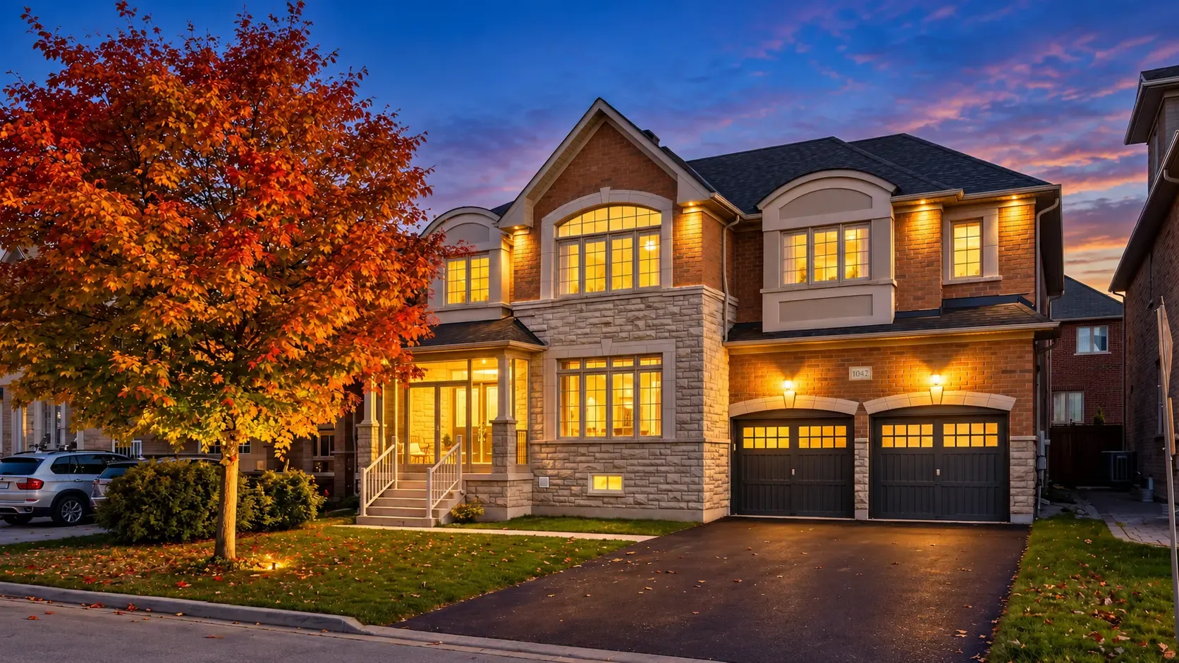 Luxury home exterior at twilight with illuminated windows, warm architectural lighting and autumn landscaping