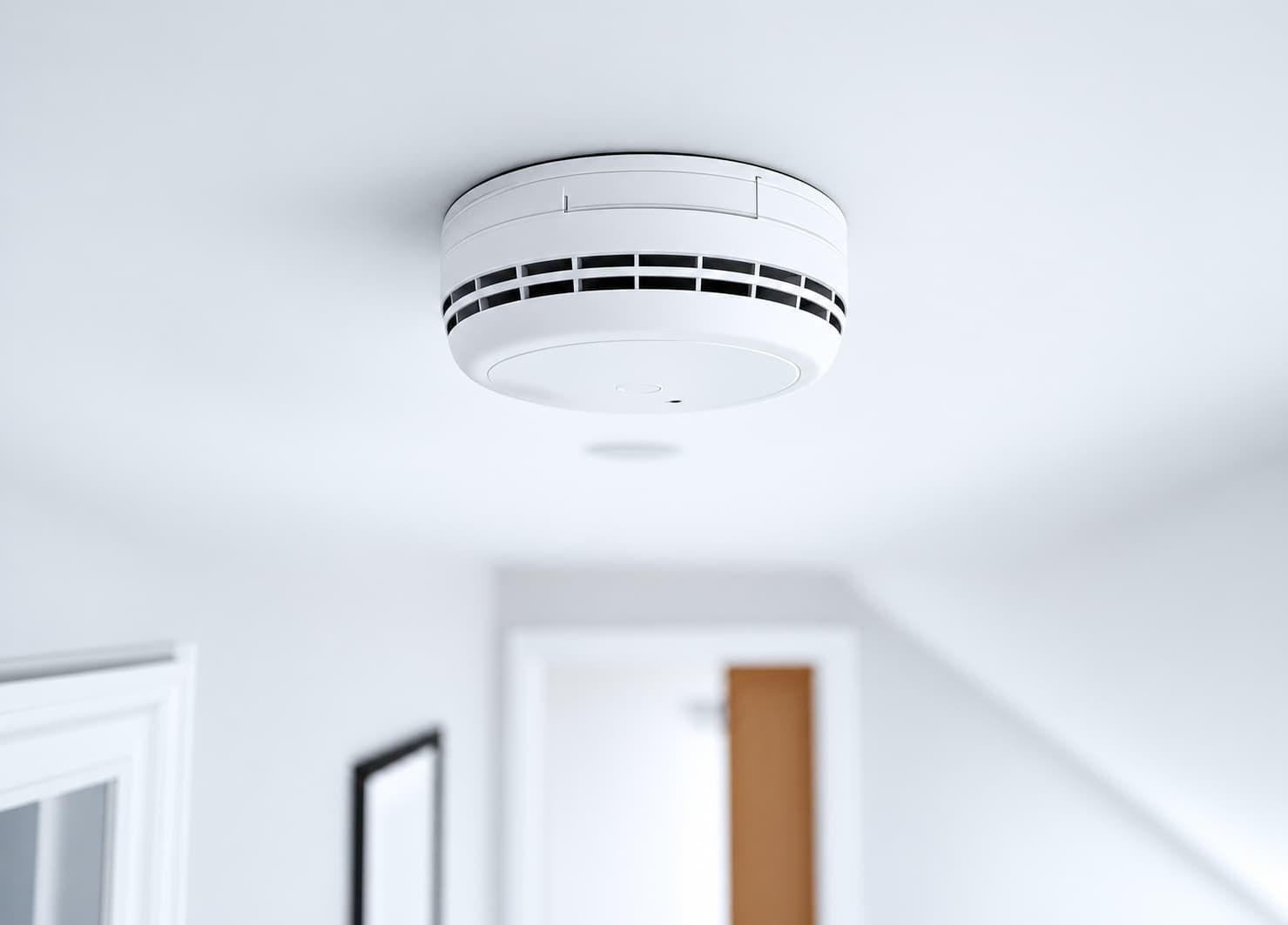 Ceiling-mounted smoke alarm in a bright residential hallway, illustrating home fire safety in Newmarket and Aurora