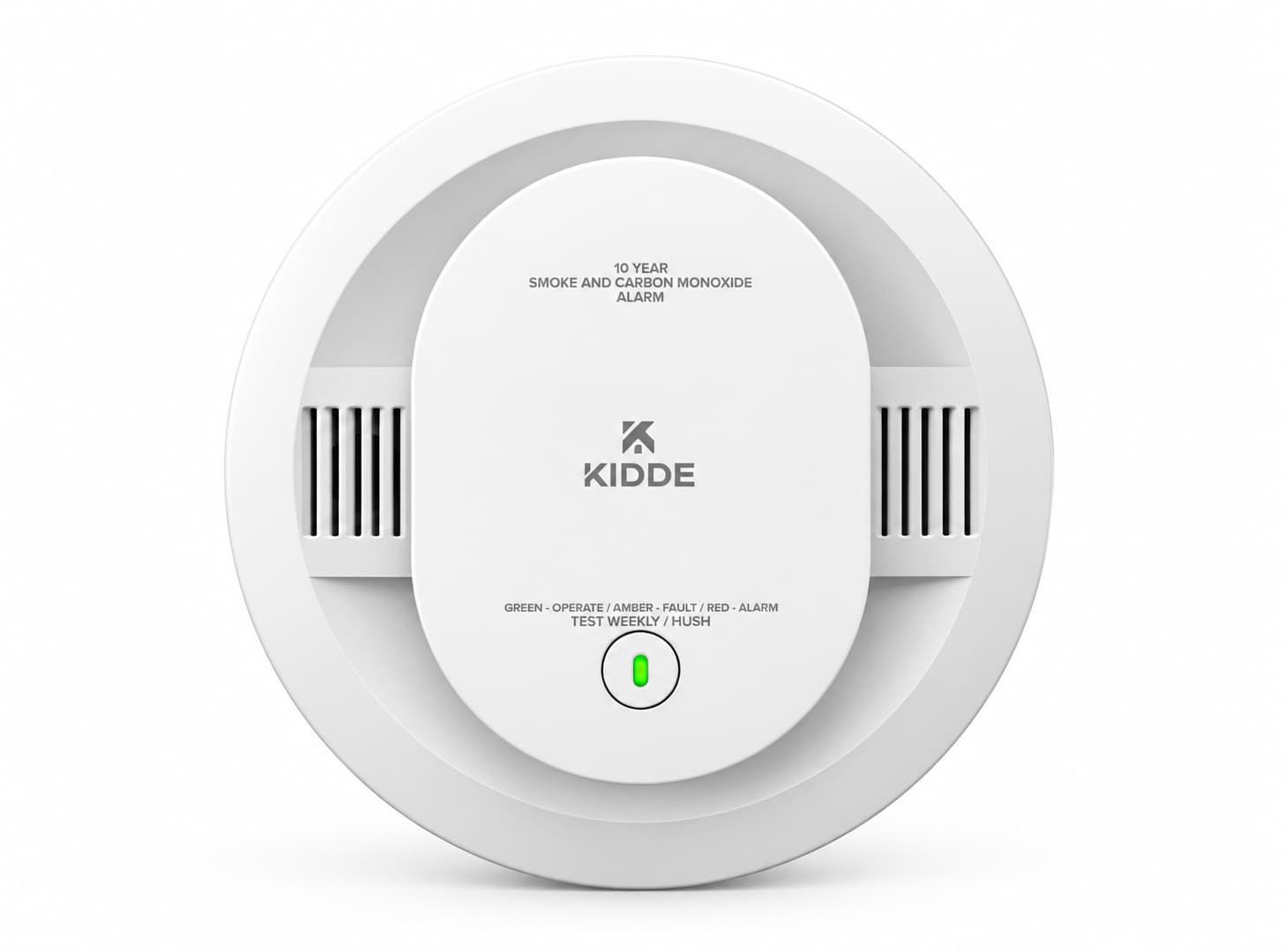 White Kidde 10-year combination smoke and carbon monoxide alarm with front test button