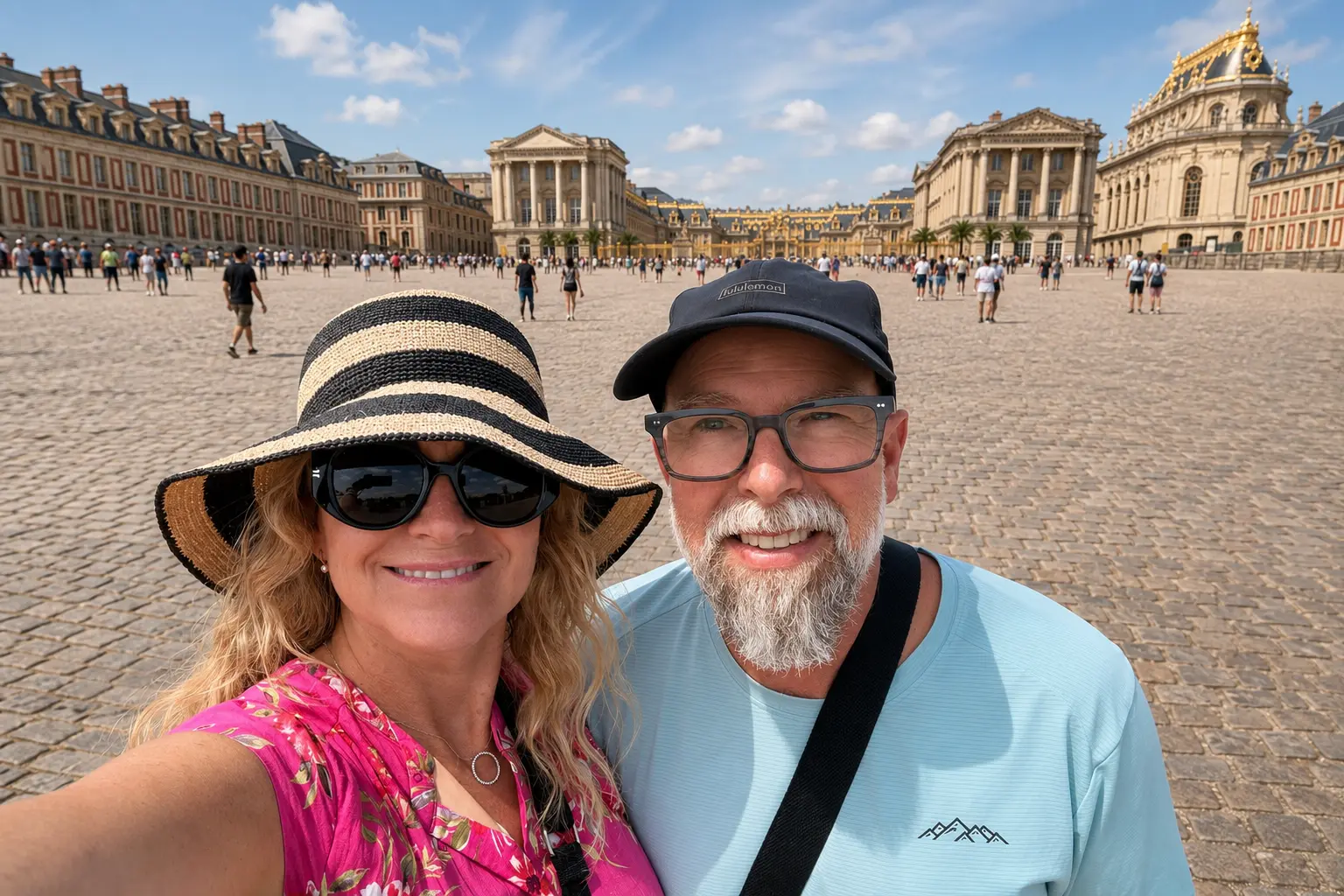 Grace Simon and her husband at the Palace of Versailles during their travels through Europe