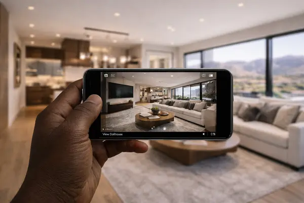 Hand holding a smartphone showing a virtual tour of a modern home interior