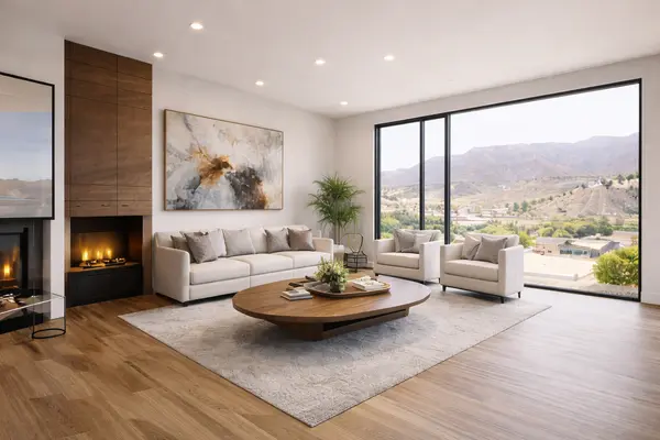 Bright modern living room with large windows and contemporary staging