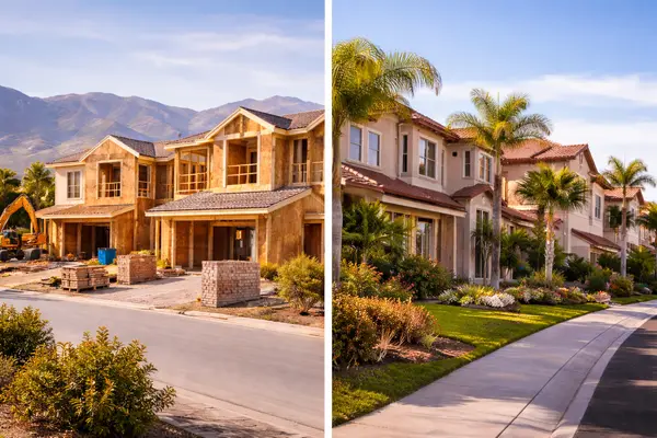 Side-by-side view of new construction homes and established residential neighborhood with palm trees and sidewalks