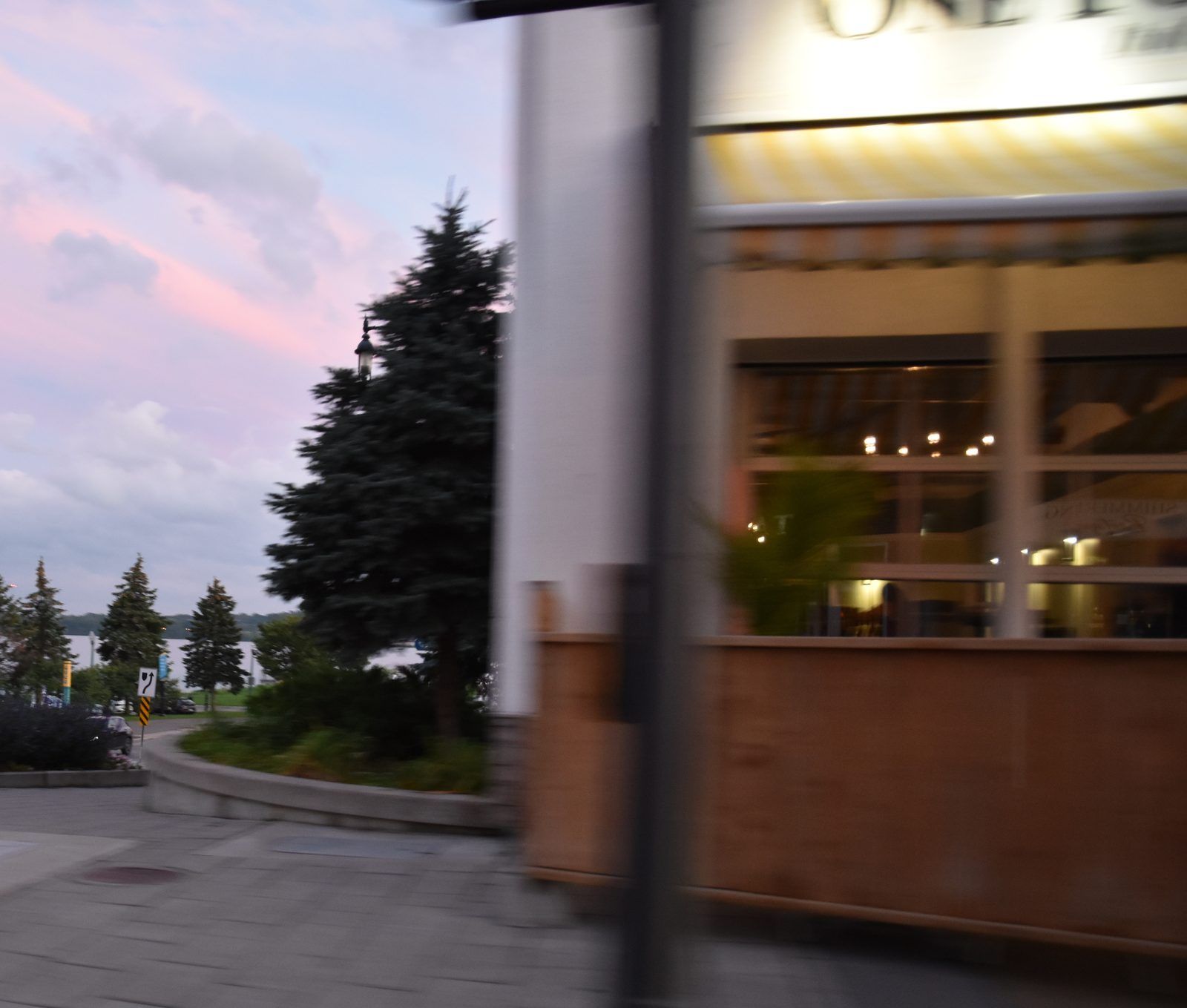 A restaurant on Barrie's waterfront at dusk