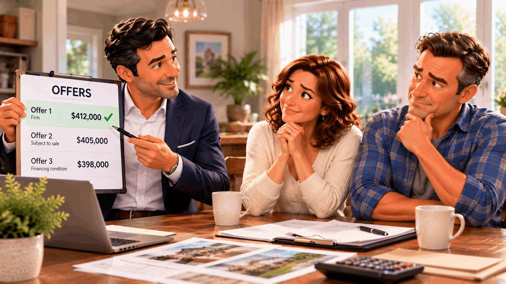 REALTOR® Jason Kamal reviews three competing purchase offers with homeowners, explaining differences in price and conditions as the sellers consider their options.