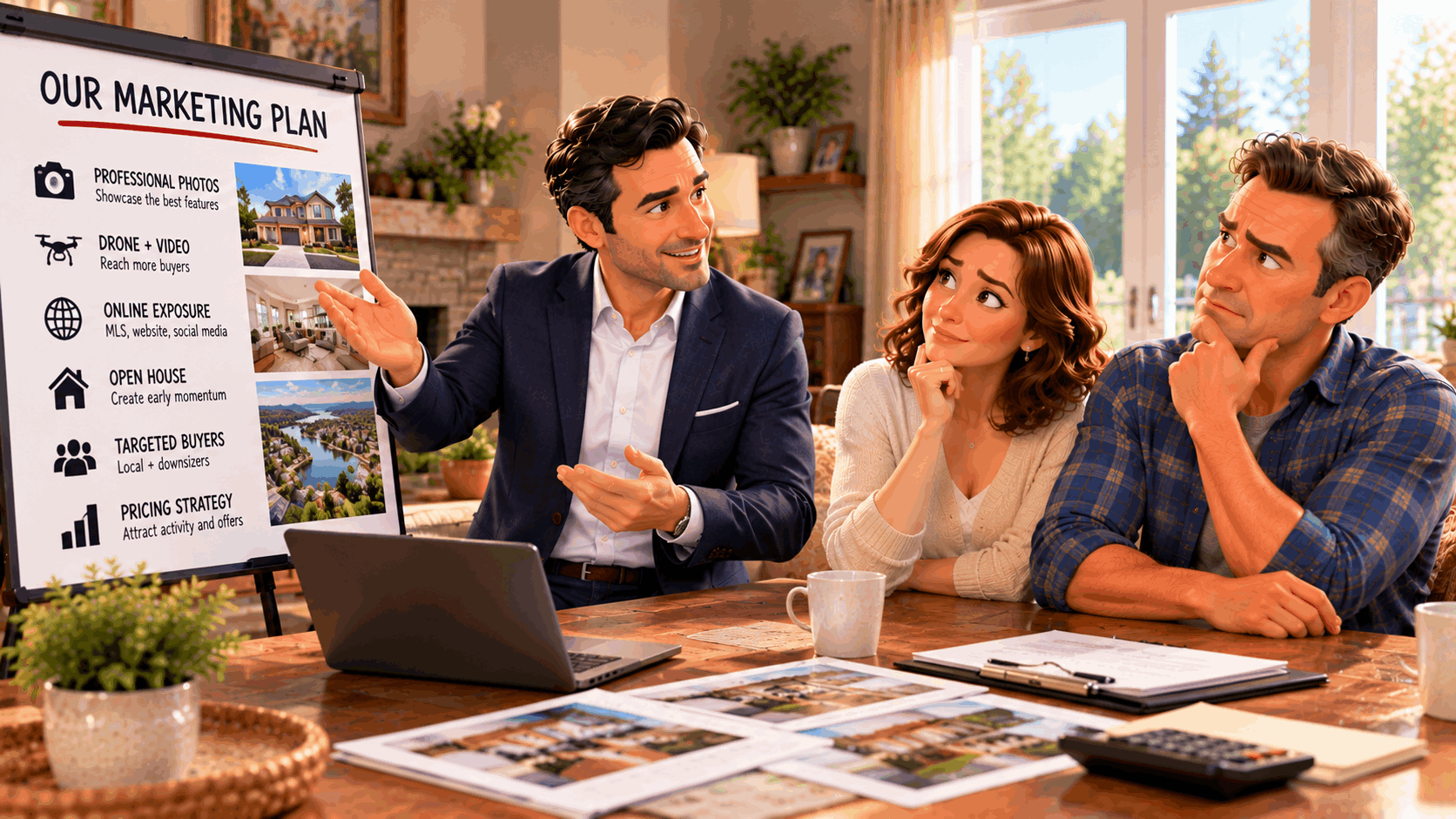 REALTOR® Jason Kamal presents a home marketing plan covering professional photography, drone video, online exposure, open houses, and pricing strategy, while the sellers listen thoughtfully.