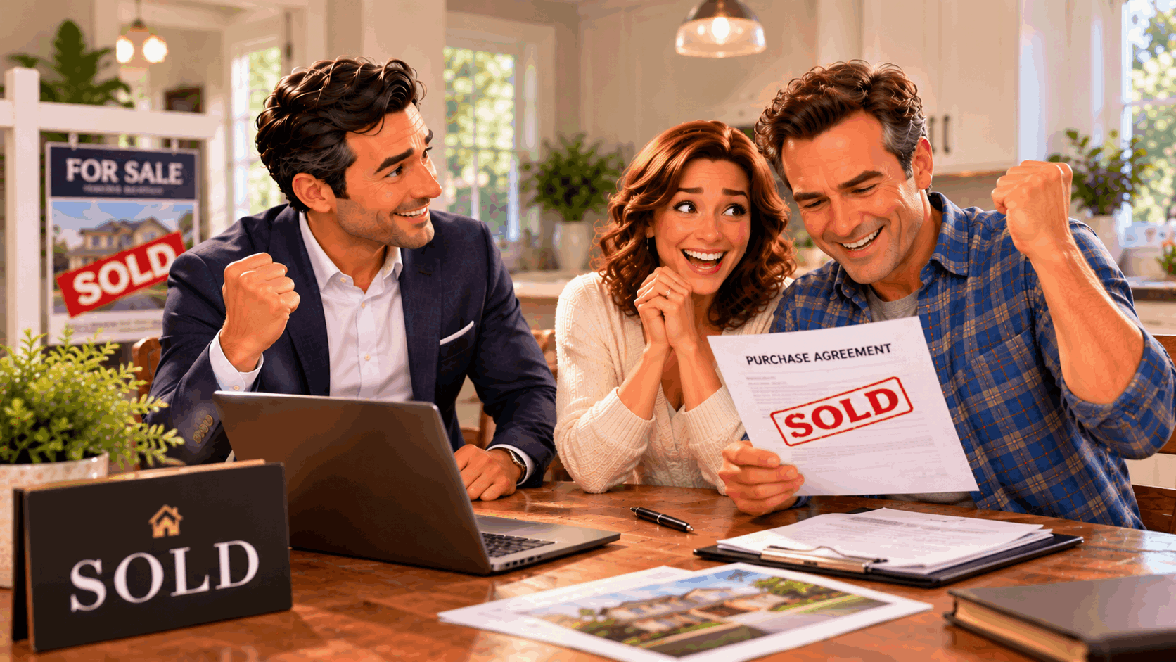 REALTOR® Jason Kamal celebrates a successful home sale with smiling homeowners, including a once-skeptical husband, as they hold a SOLD purchase agreement.